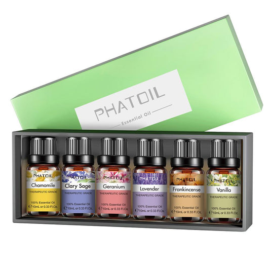 PHATOIL Pure Natural Essential Oils 10ml 6pcs Gift Set Lavender Chamomile Geranium Clary Sage Shea Butter Vanilla Essential Oil