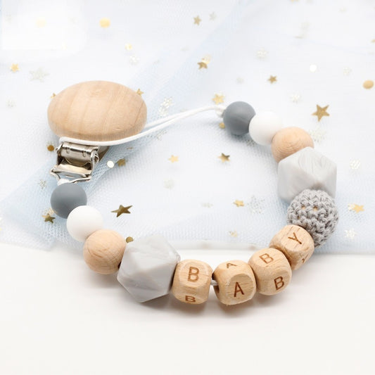 Dummy Clip Pacifier Holder Soother Teether Chain Personalised Baby Shower Gift Name Wood Silicone Beads Custom Newborn