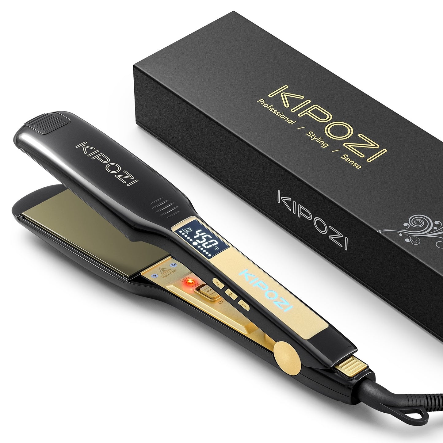 KIPOZI Hair Straightener 139 Titanium Flat Iron 1.75 Inch Wide Plate with LCD Display, Adjustable Temperature and Dual Voltage